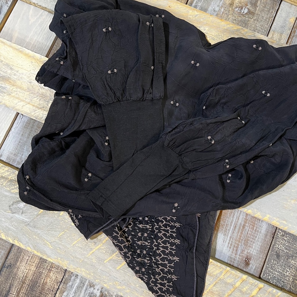 VNTG [Johnny Was] Boho Embroidered Black Midi Dress | Semi Sheer + Gray | Small - Picture 7 of 11